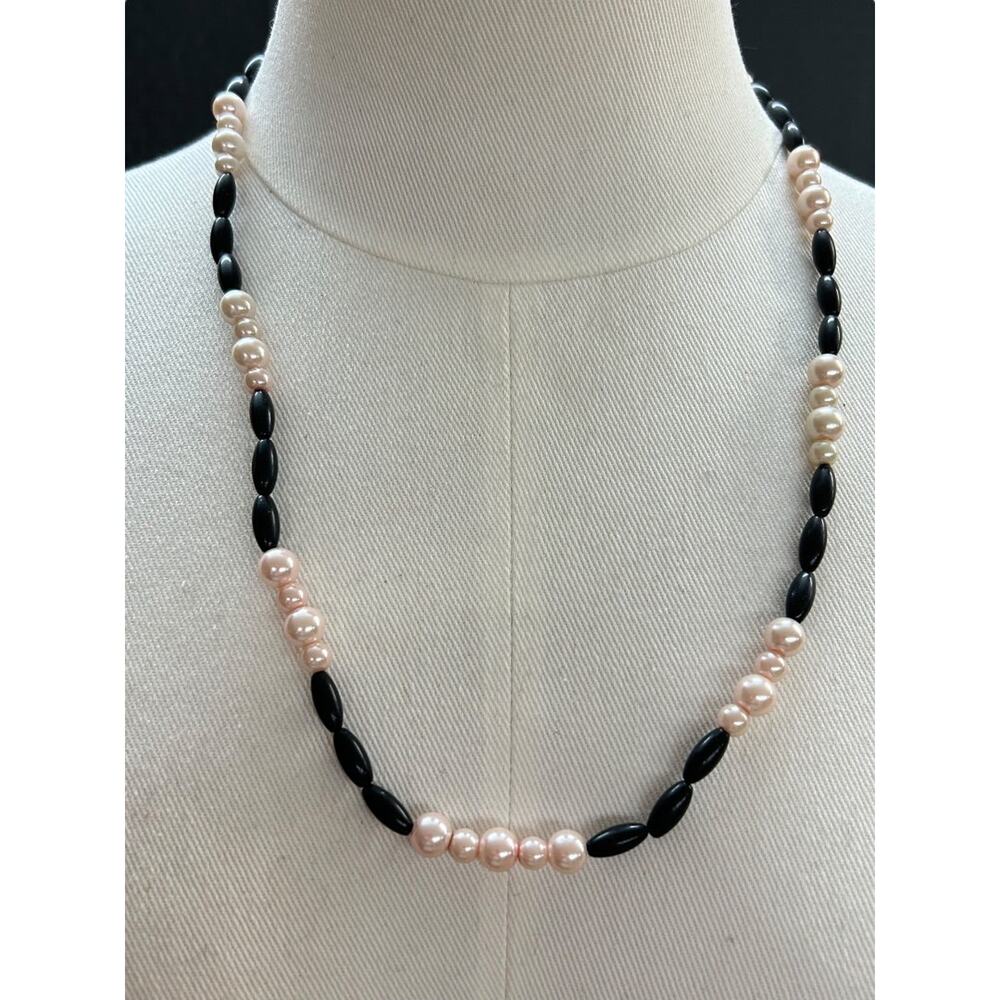 Faux Pink Pearl Black Bead 24 Inch Necklace Spring Clasp Lobster Clasp